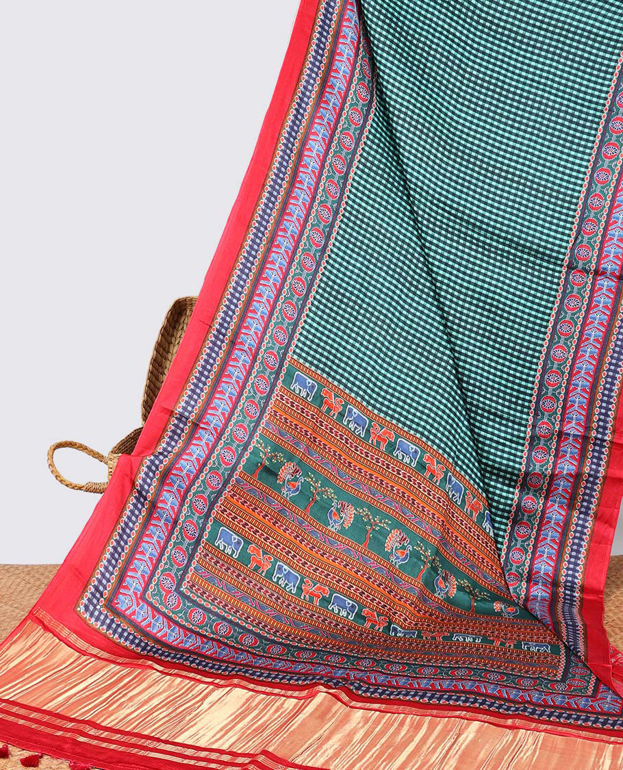 Green checked design semi-banaras printed saree with contrast geometric border & animal, geometric design pallu