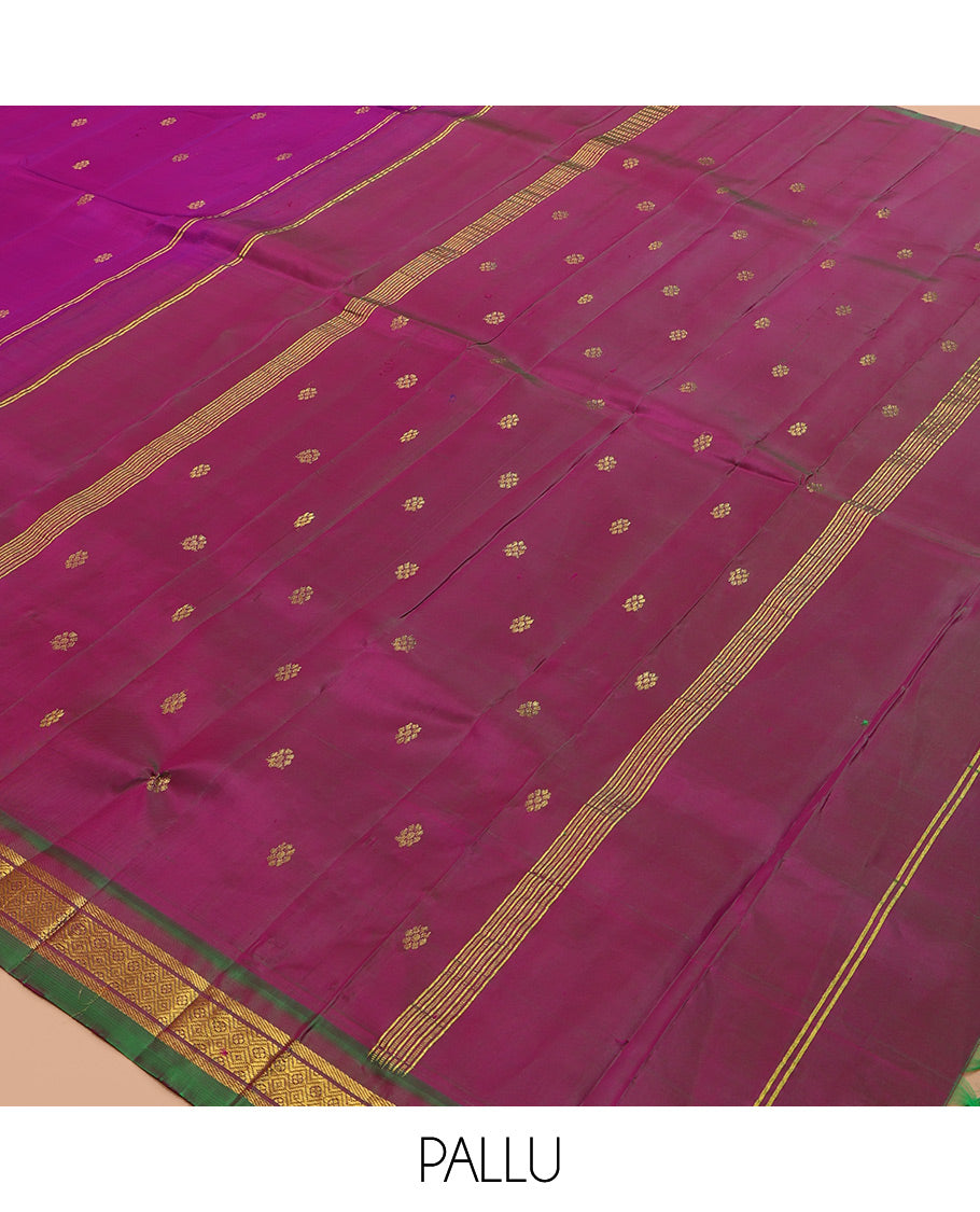 Purple Kanchipuram Silk Saree, Woven with Zari Buttas, a Contrast One-Sided Border of Banaras, and Jaal Designs, Zari Design Pallu, and No Blouse