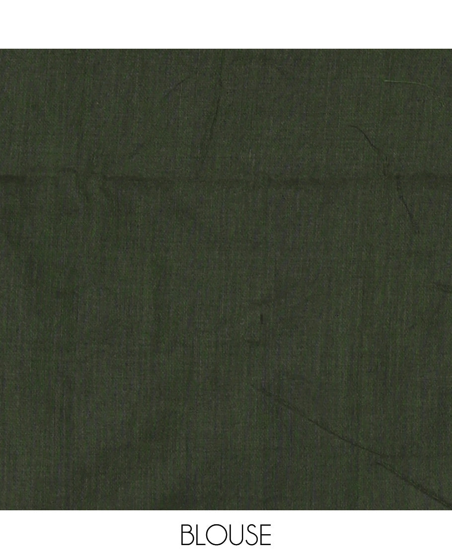 Borderless green vertically striped khadi cotton saree, contrast grey plain pallu & matching plain blouse