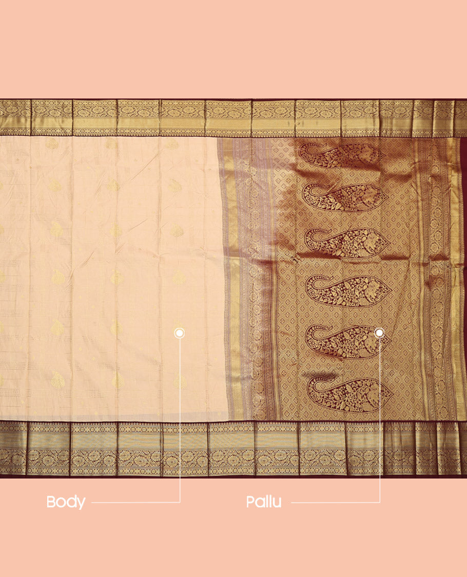 Sandal Budget Silk Saree, Subtly Sparkled with Zari Designs, Complemented by Contrast Traditional Rettai Pettu Border, Pallu of Paisleys and a Contrast Blouse