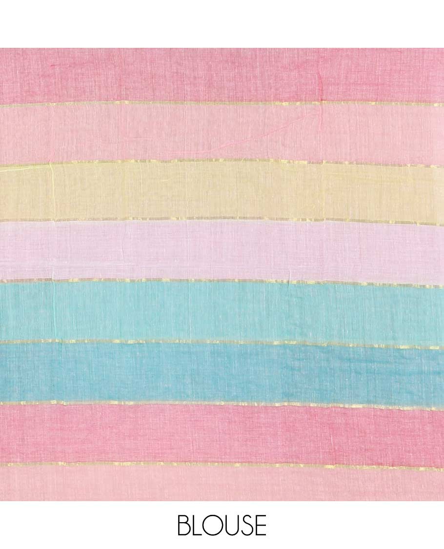 Borderless multi-hue rainbow striped khadi mul cotton saree, self-pallu with multi-hue tassels and a matching blouse