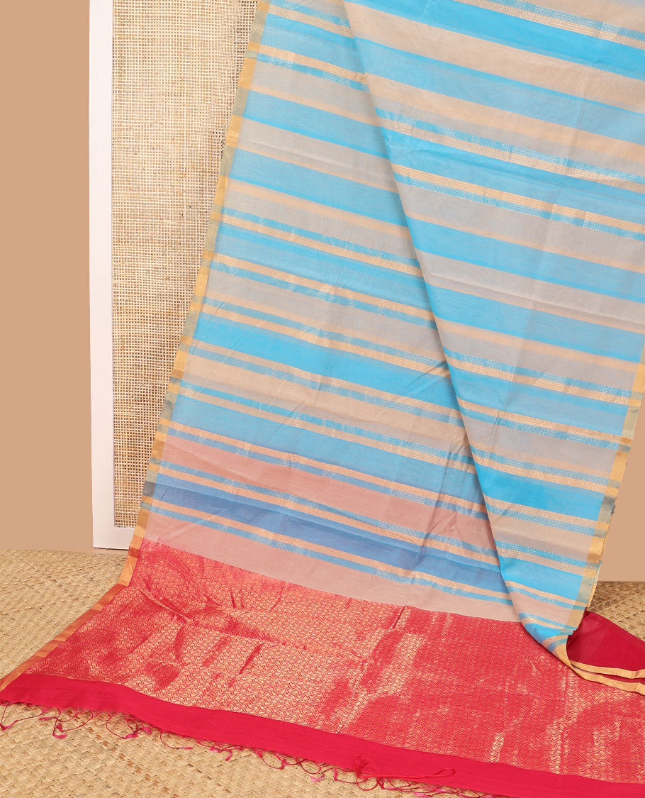 Multi-color striped silk cotton saree with contrast zari border & jaal design pallu