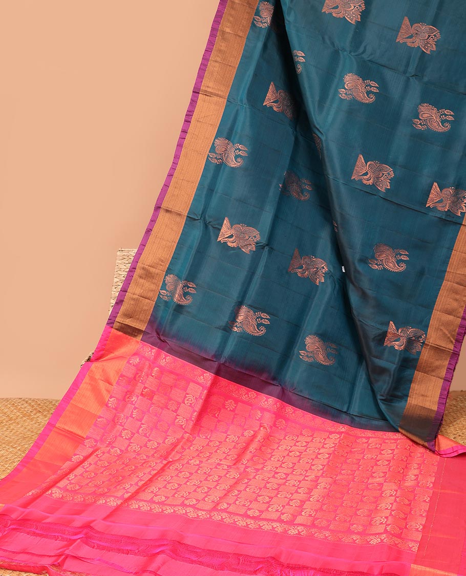 Green floral motifs semi-uppada saree, contrast zari border & zari checked, motifs design pallu
