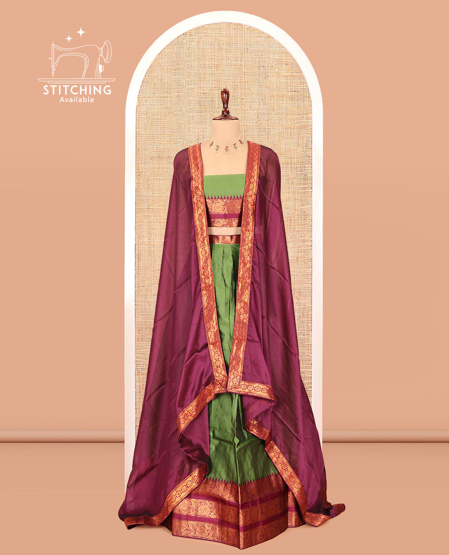 Green-Wine Semi-Banarasi Half-Saree Features Plain Skirt, Contrast Floral Creeper Zari Border, Matching Blouse, Contrast Dhavani