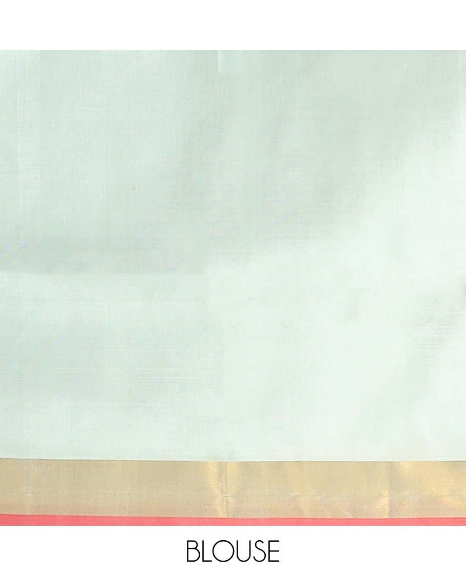 Mint green floral motifs uppada silk saree with contrast zari border & floral vine design pallu