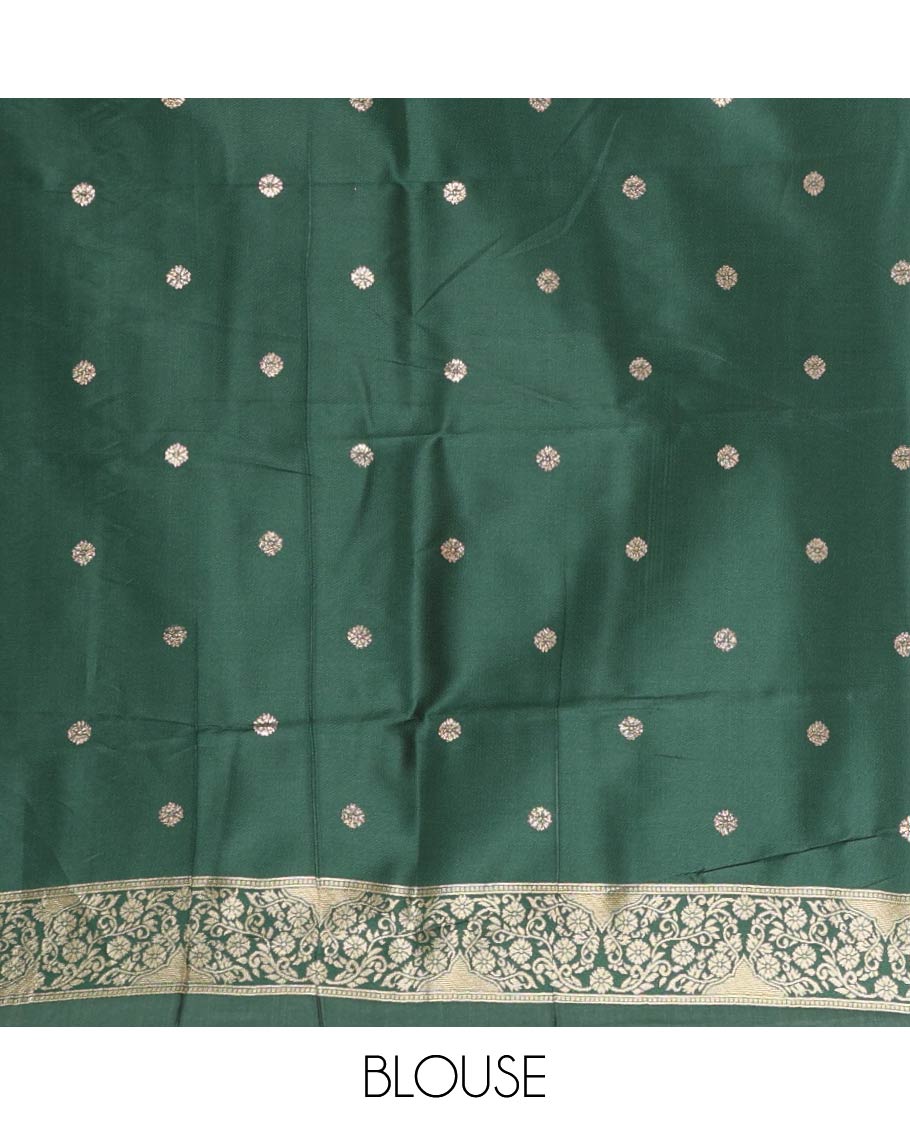Yellow Antique buttas twill tissue saree, contrast satin thread woven border & pallu of mughal-style motifs & buttas dark green blouse