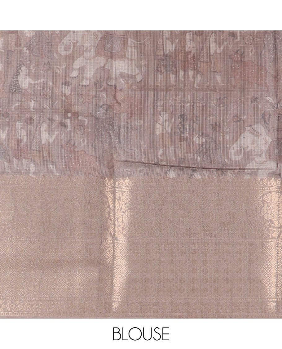 Beige heritage indian culture design kanchivaram kota checks saree with gold zari jacquard border & printed pallu along with running blouse