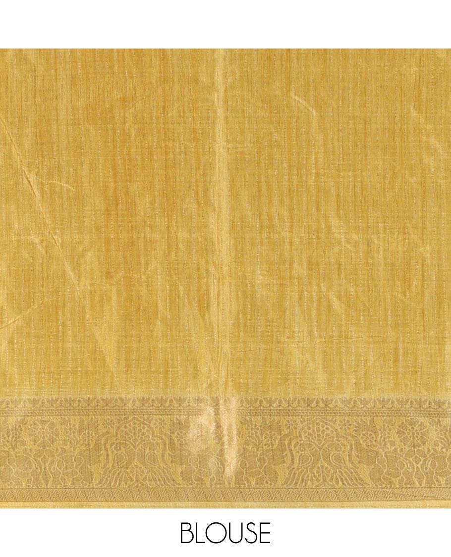 Green bandhani dotted trees, and deer motifs printed dola silk saree, contrast zari border, pallu of tree, and deer print, and contrast zari design blouse