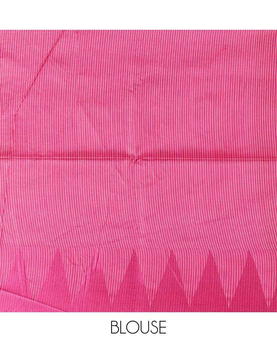 Pink sparsely striped semi-tussar saree, contrast temple red border, striped pallu, and contrast blouse