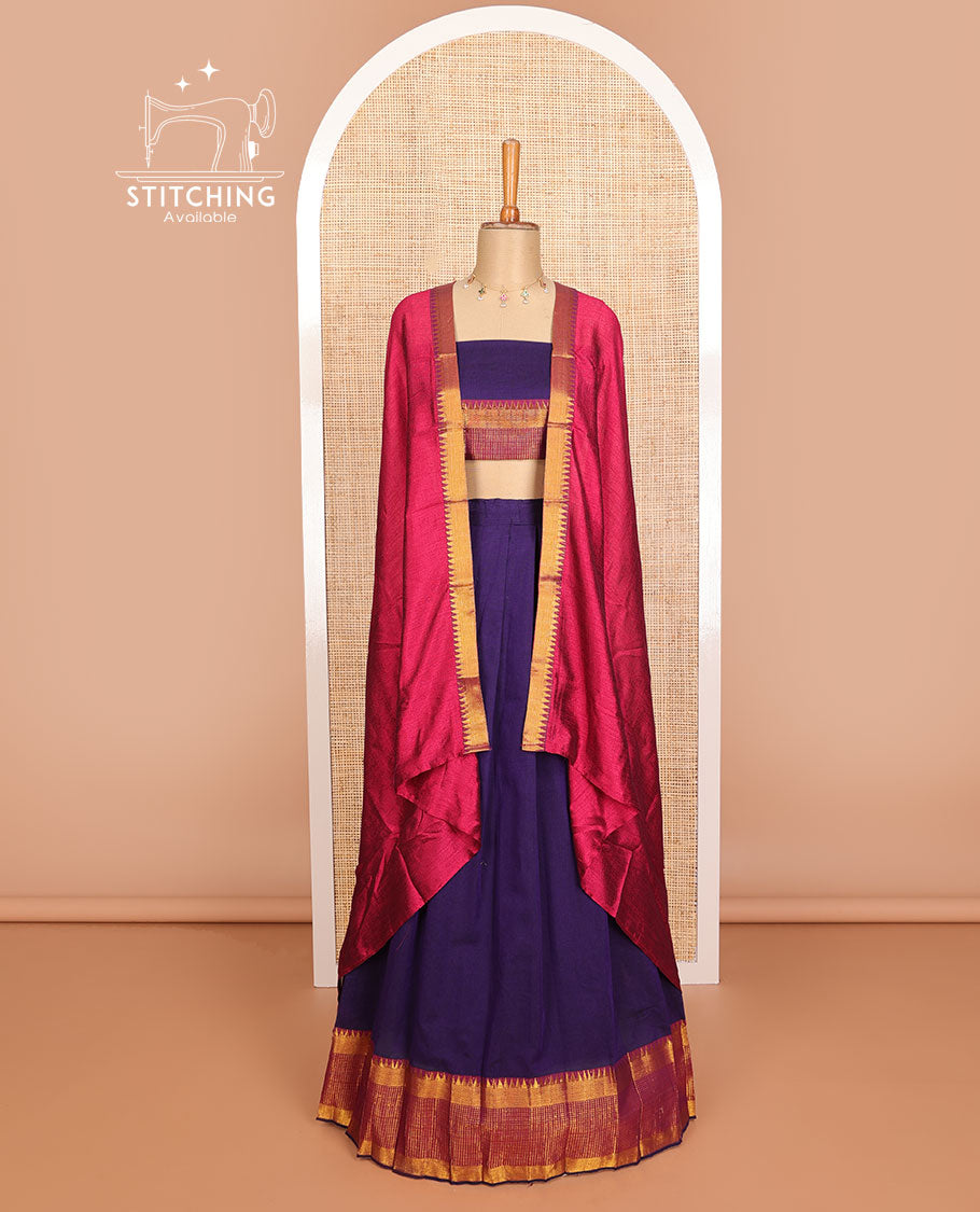 Purple cotton half saree with contrast traditional zari design border, zari design blouse & plain, zari design border dhavani