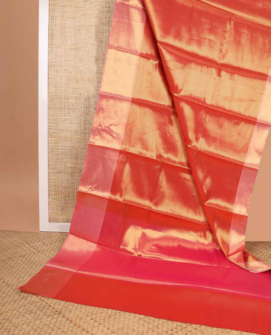 Red chevron design semi tissue saree with contrast zari design border & striped pallu