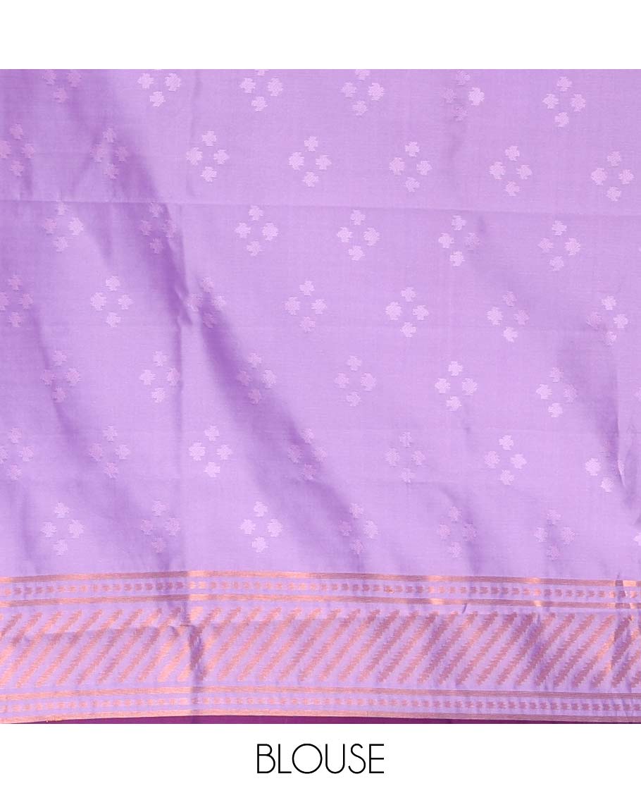 Dark violet ikkat style zari and thread buttas semi-tussar saree, contrast ikkat design border, geometric patterned pallu, and a contrast blouse