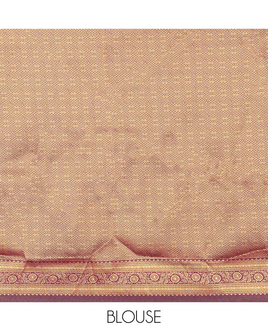 Cream buttas half saree with contrast zari design border, zari design blouse & purple floral vine zari design dhavani