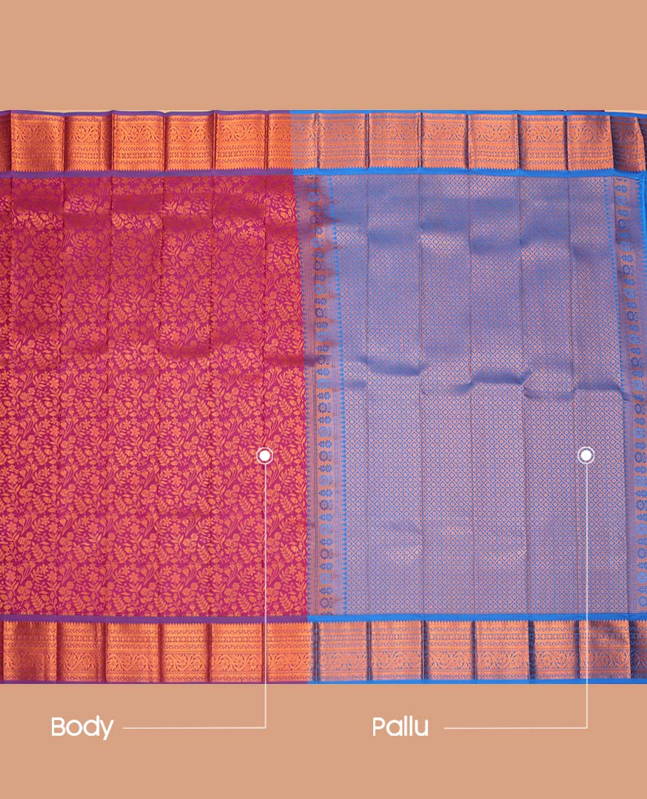 Pink Budget Silk Saree, Bedecked with Floral Vine Design, Complemented by Contrast Traditional Floral Creeper Zari Border, a Jaal Pallu and a Contrast Blouse