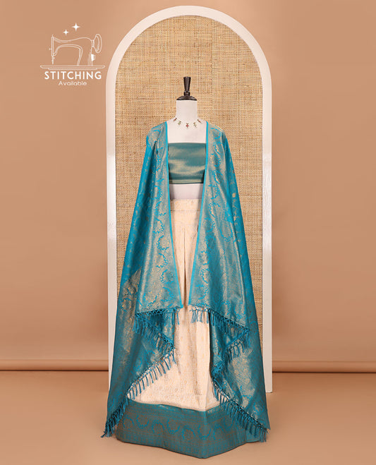 Cream-rama green half-saree, zari jacquard & contrast traditional zari border banaras softy skirt, semi-banaras jacquard blouse & contrast zari design blouse