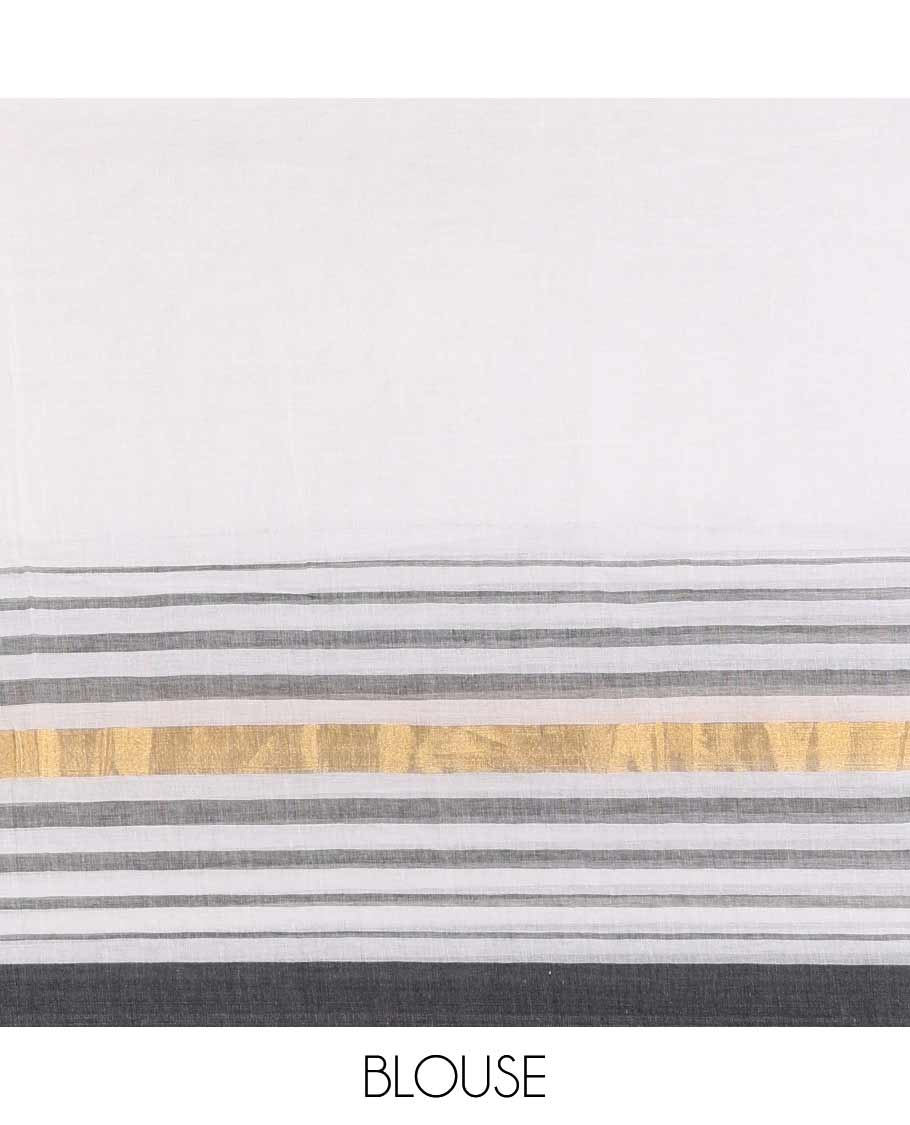 Cream and black plain khadi mul cotton saree with contrast double-sided border of horizontal stripes, striped pallu, and a matching blouse