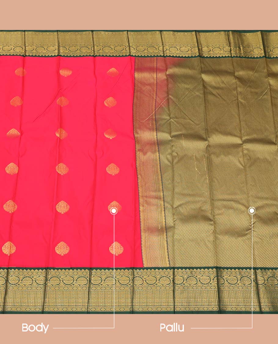Red Budget Silk Saree, Decorated with Zari Buttas All Over Its Body, Complemented by a Contrast Traditional Zari Design Border, Grand Jaal Pallu, and Paired with a Contrast Blouse