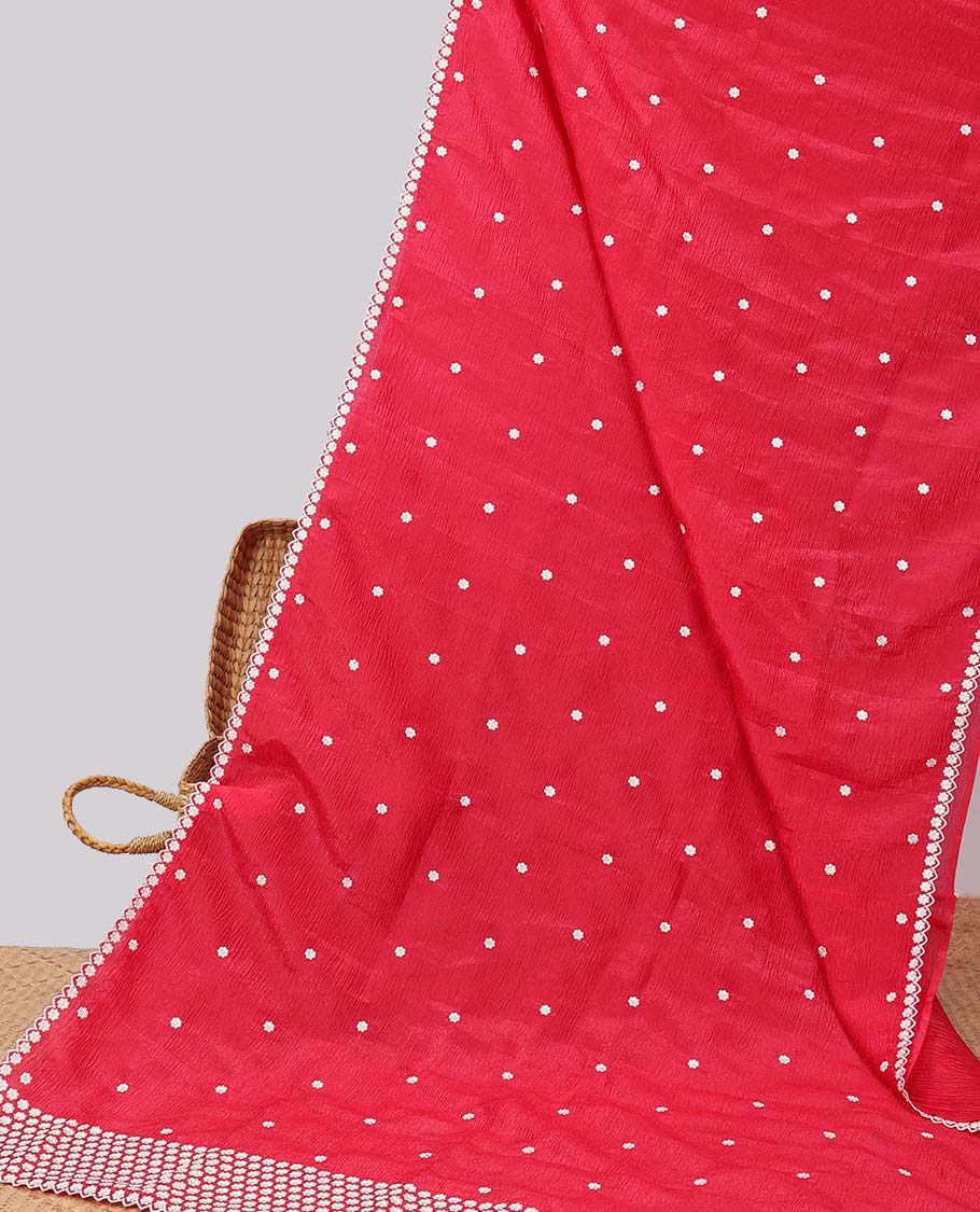 Red crushed tissue saree with all-over floral motifs embroidered & floral scallop border