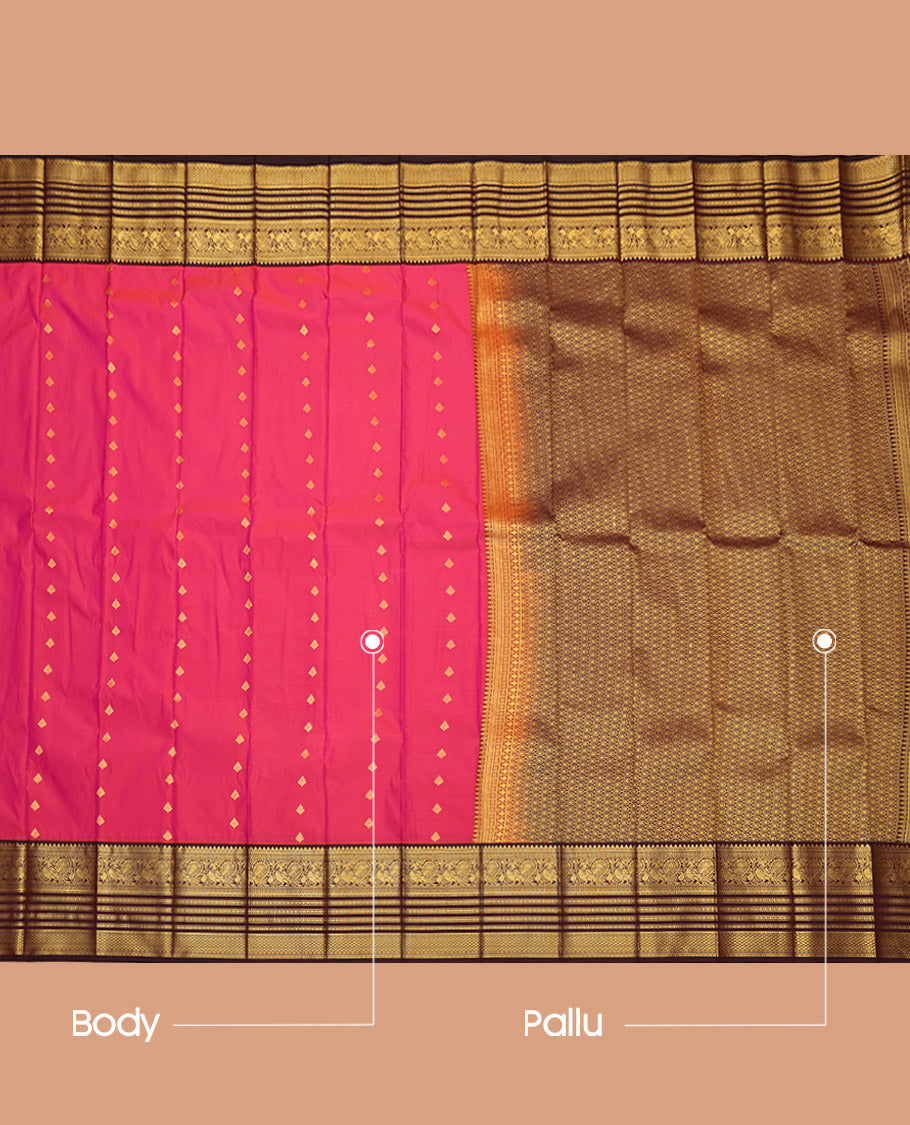 Pink Budget Silk Saree, Enriched with Zari Buttas on Its Body, Complemented by a Contrast Traditional Zari Design Border, Grand Pallu, and Paired with a Contrast Blouse