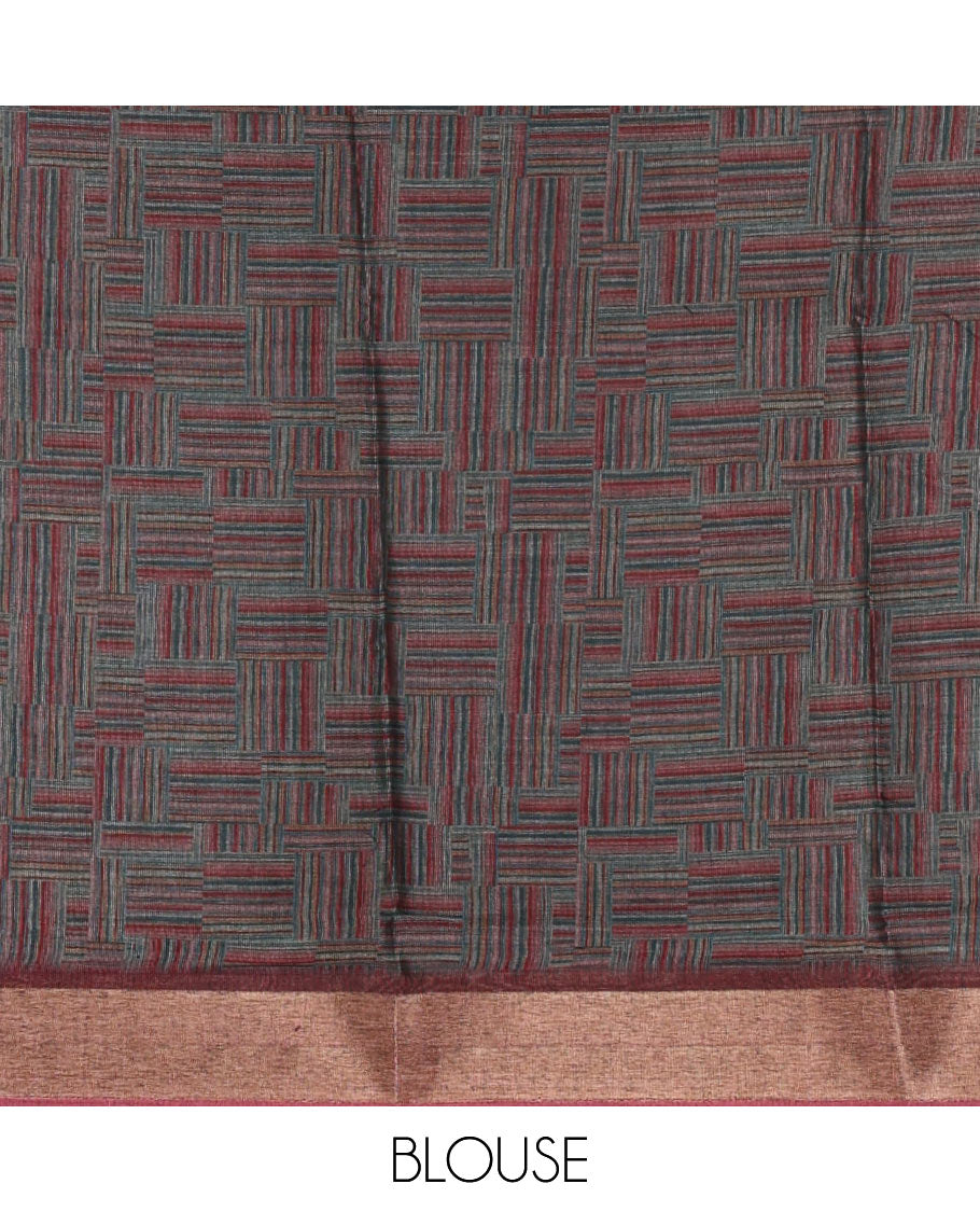 Purple-base multi-color abstract printed black spun linen saree, zari piping border, floral printed pallu & geometric printed blouse