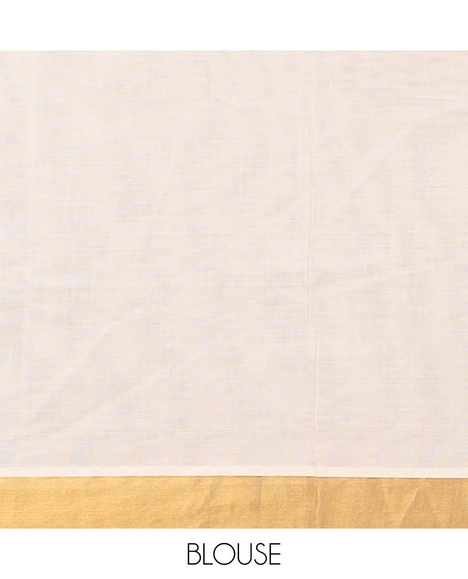 Cream kerala saree with zari designs, zari border & pallu of peacock designs