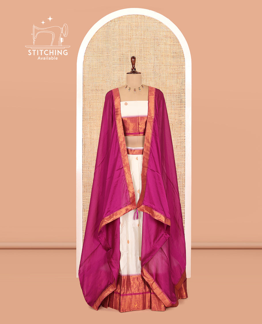 Cream-Wine Banaras-Silk Half-Saree Features Zari Buttas Skirt, a Contrast Traditional Border, a Matching Blouse, a Contrast Dhavani