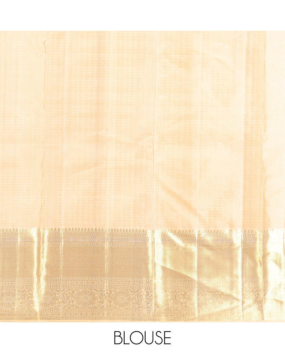 Cream floral vine design silk saree with self border of intricate zari design border & floral design pallu