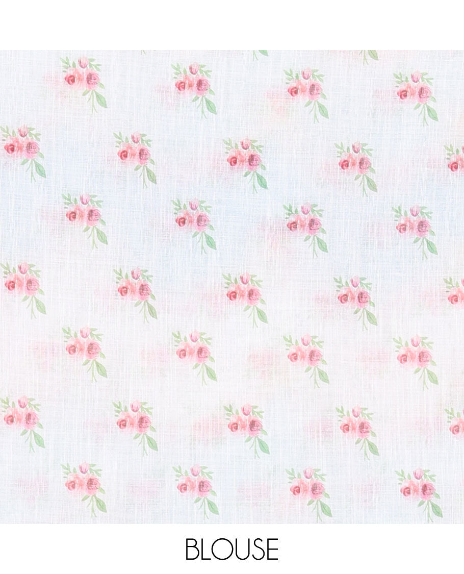 Borderless blue rangkat style dyed and floral printed linen cotton saree with a contrast printed blouse