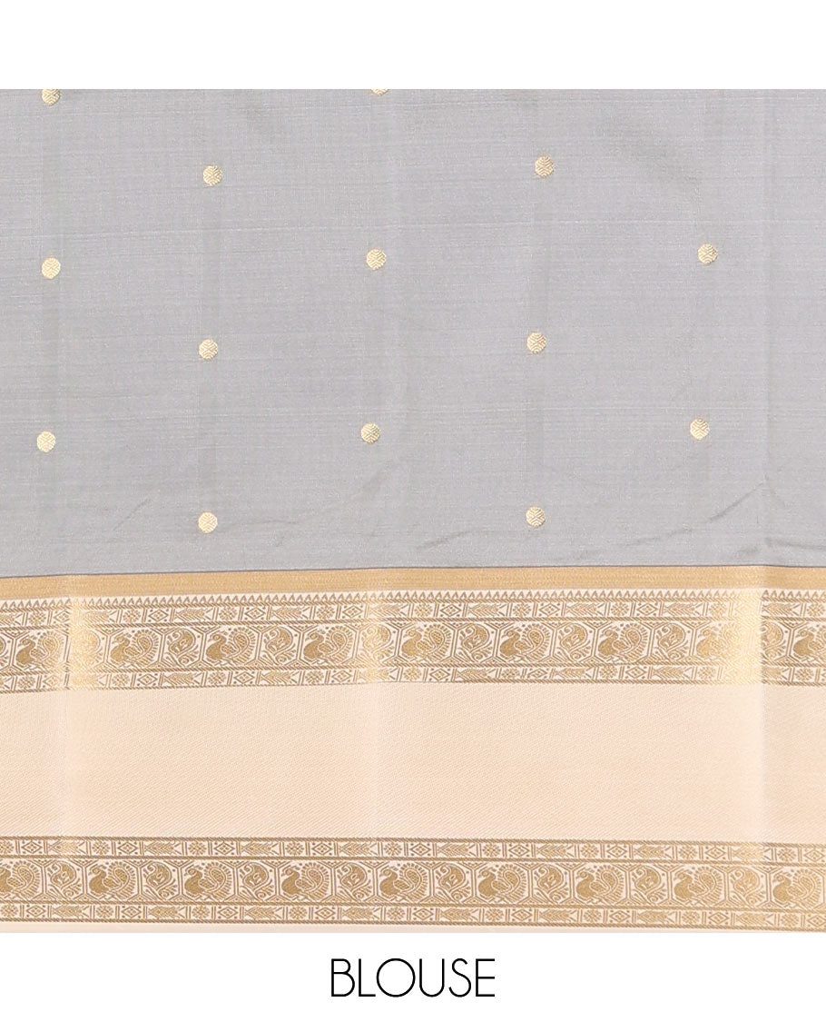 Red zari buttas soft silk saree , contrast peacock and mango zari weaving border , contrast weaving rich pallu and contrast Blouse