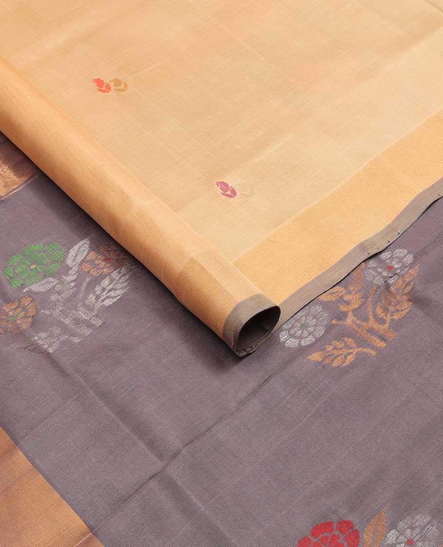 Sandal floral design uppada saree with contrast zari design border & floral design pallu
