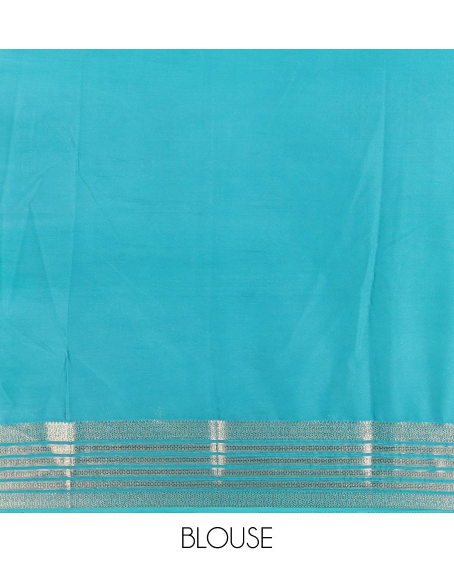 Half-white kalamkari style colorful printed art Mysore silk saree, contrast traditional zari border, zari striped pallu, and contrast plain blouse