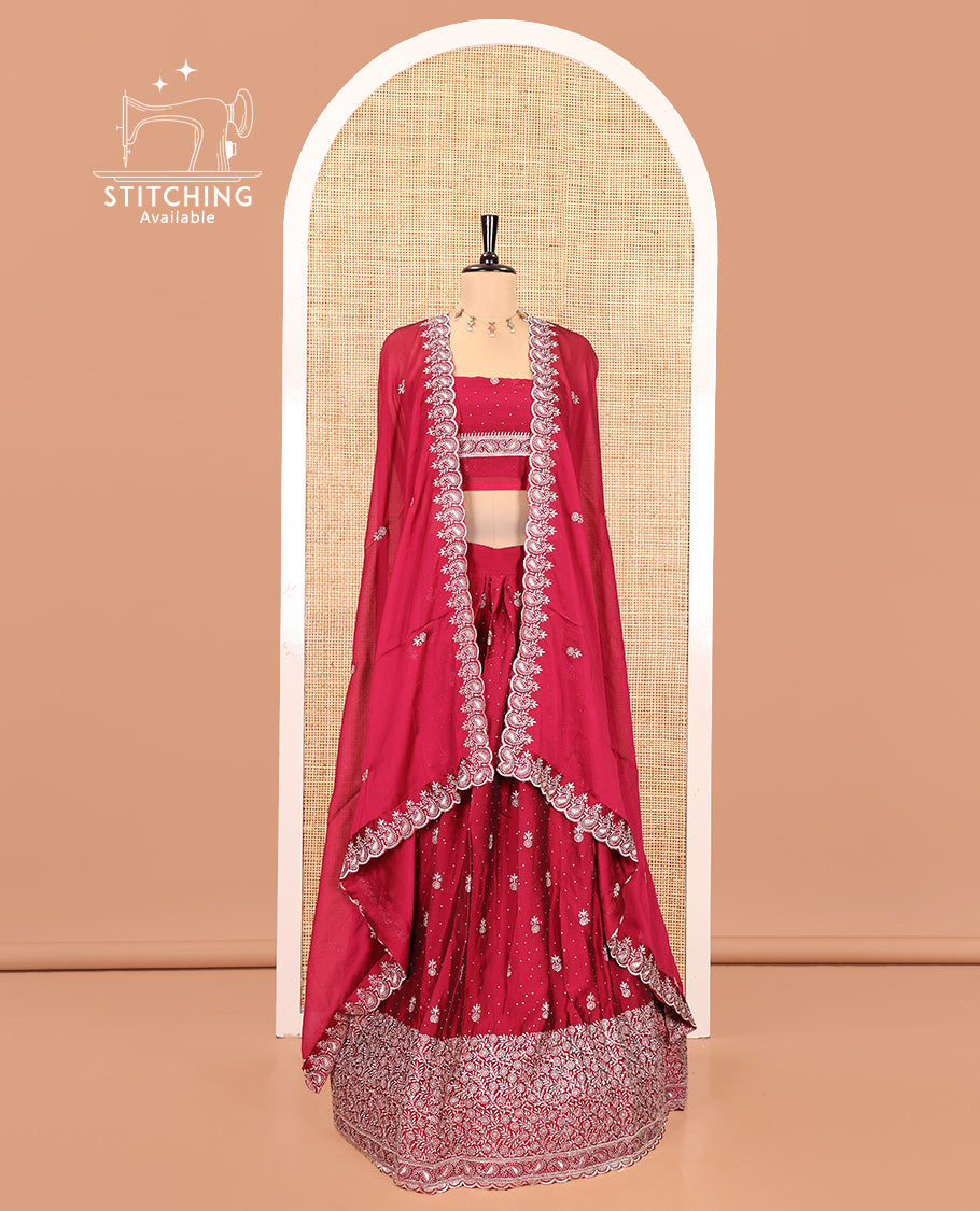 Rani Pink Georgette Half-Saree Featuring Embroidery Skirt, Floral Embroidered Border, Matching Blouse, Embroidered Dhavani