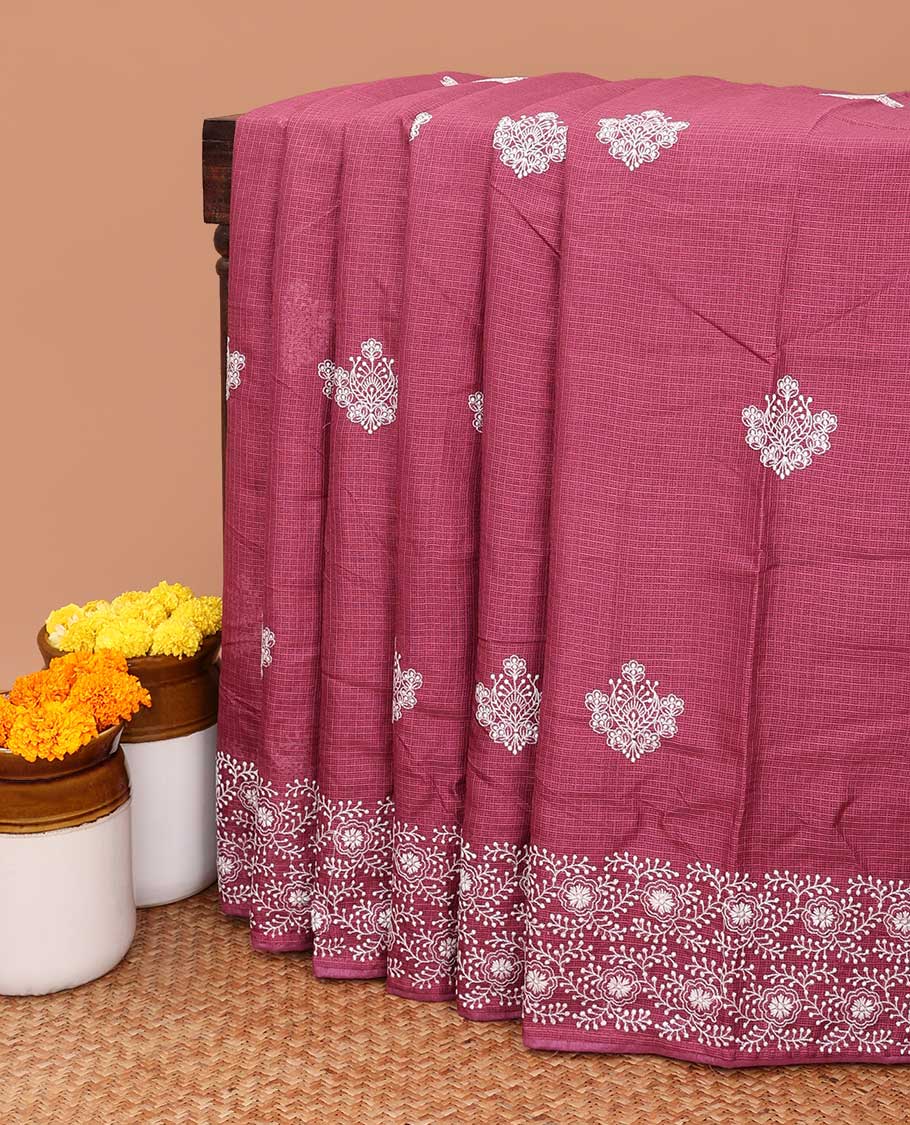 Onion pink allover lucknowi chikankari design kotta checks saree with running blouse