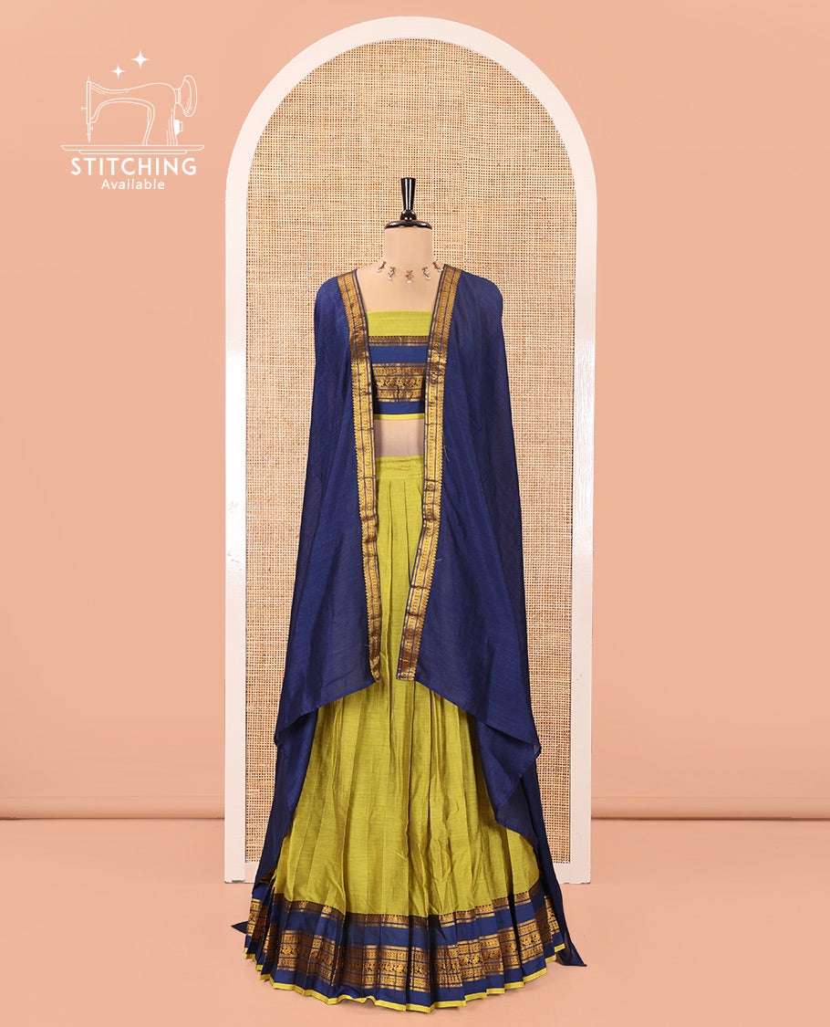 Liril Green-Royal Blue Mercerised Cotton Half-Saree Features Plain with Contrast Traditional Zari Varisai Pettu Annam-Motif Bordered Skirt, Paired with a Matching Blouse, and Comes with a Contrast Zari-Bordered Dhavani