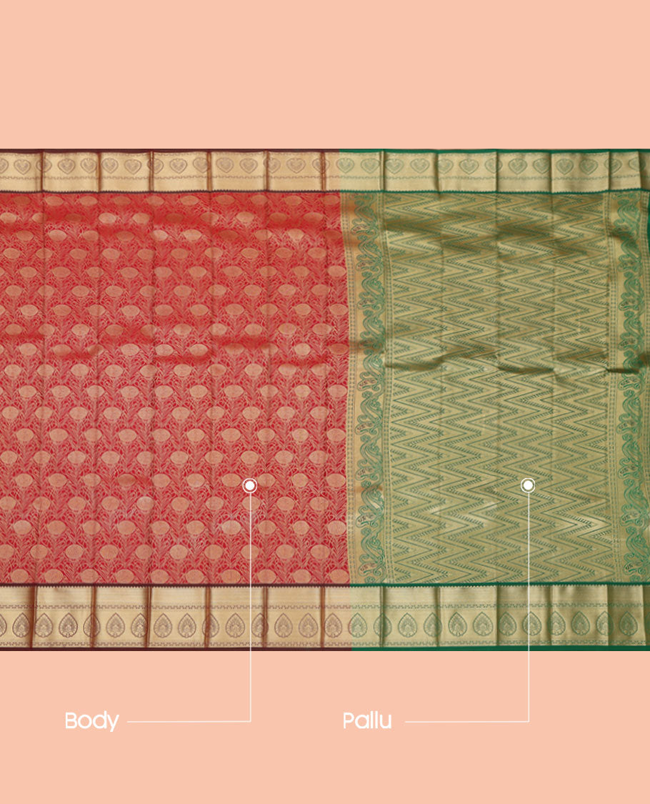 Red Budget Silk Saree, Bedecked with Jacquard Design, a Contrast Traditional Zari Border, Grand Pallu, and a Contrast Blouse