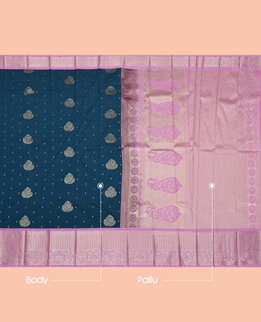 Blue Budget Silk Saree, Decked Up with Zari Buttas on Its Body, Complemented by a Contrast Traditional Zari Design Border, Intricately Designed Pallu, and Paired with a Contrast Blouse