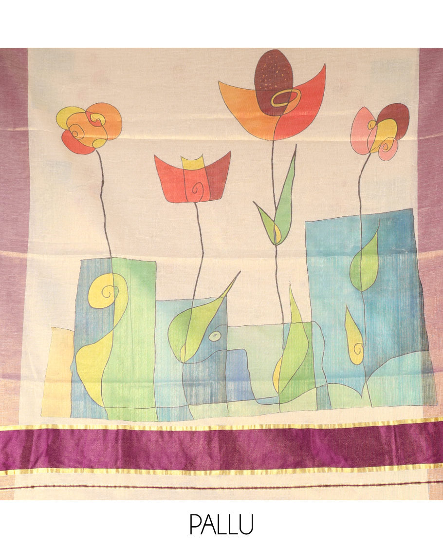 Gold Tissue Mul Cotton Saree, Artfully Detailed with Modern-Art-Style Motifs Printed on Its Body, Complemented by Contrast Border, Pallu Pictures Beautiful Modern Art, and Paired with a Matching Printed Blouse