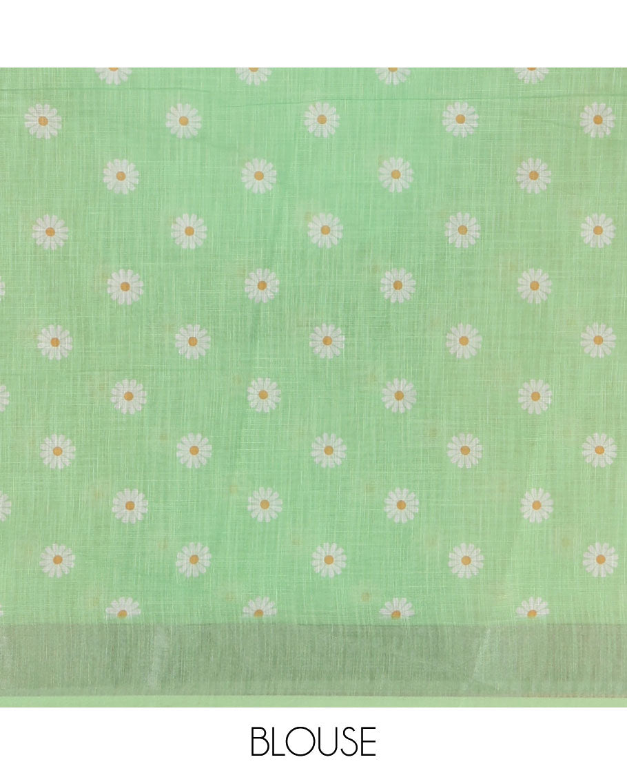 Sea green sunflower motif printed linen saree, silver zari plain border & small sunflower motif print blouse