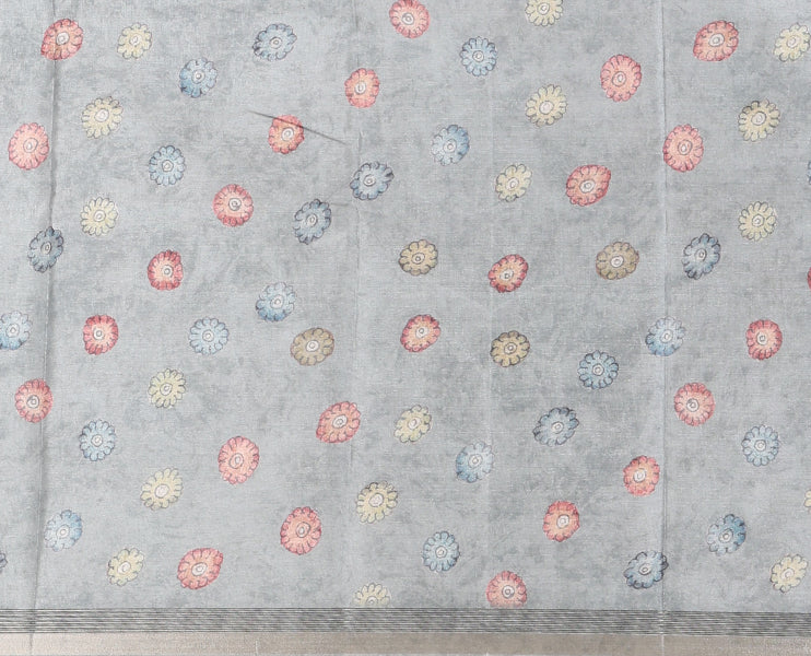 Cream-base multi-color kalamkari floral-vine and peacocks printed semi-tussar saree, gold zari piping border, kalamkari printed pallu, and contrast printed blouse