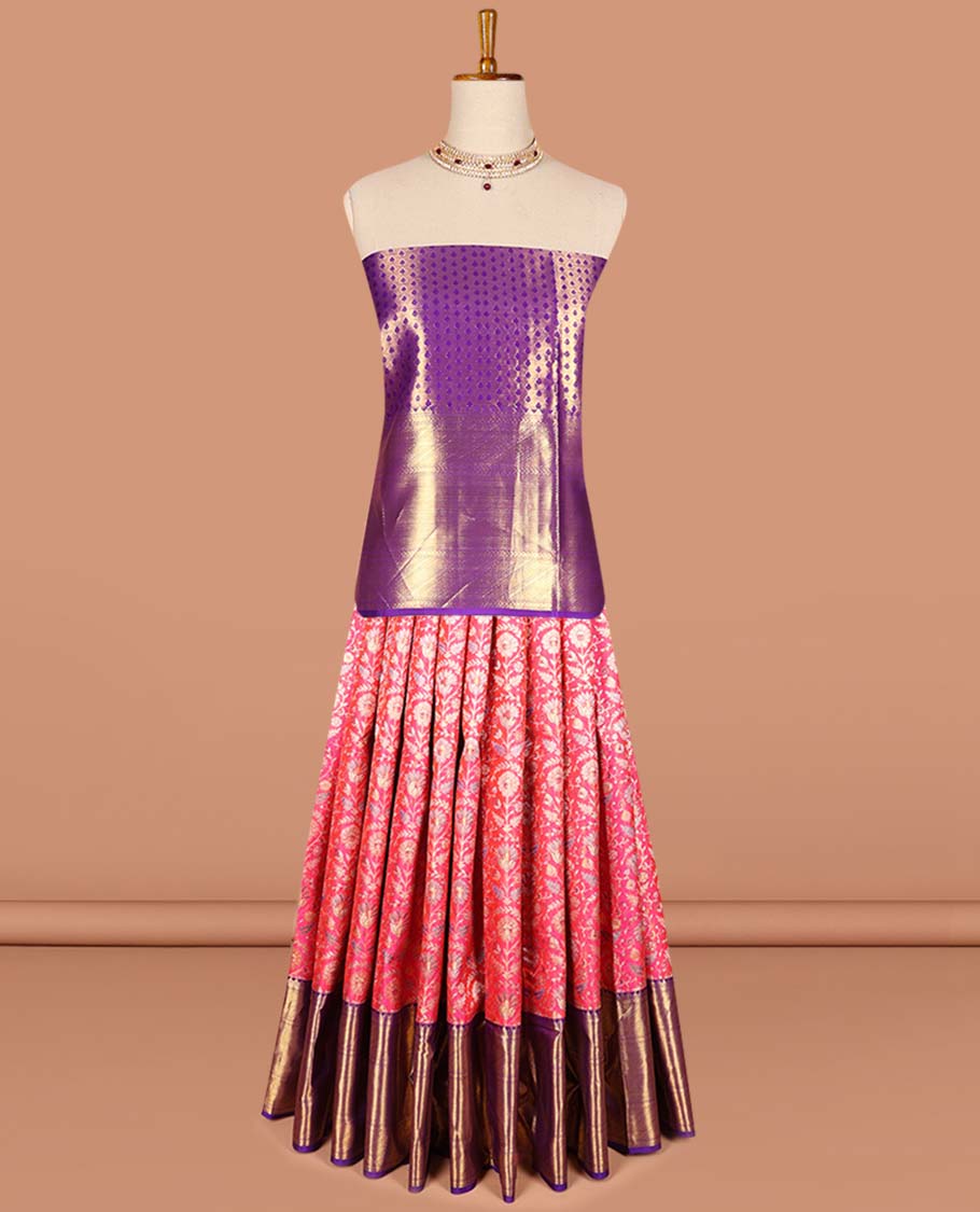 Red floral jacquard pure silk half saree with contrast striped design border , zari design blouse & checked, floral design dhavani