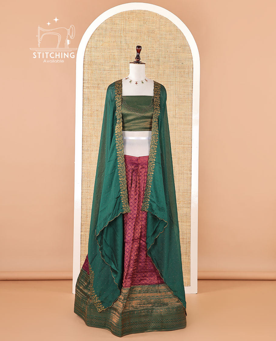 Wine colour banaras softy half-saree, brocade skirt, contrast traditional border, brocade blouse & stonework scallop georgette dhavani