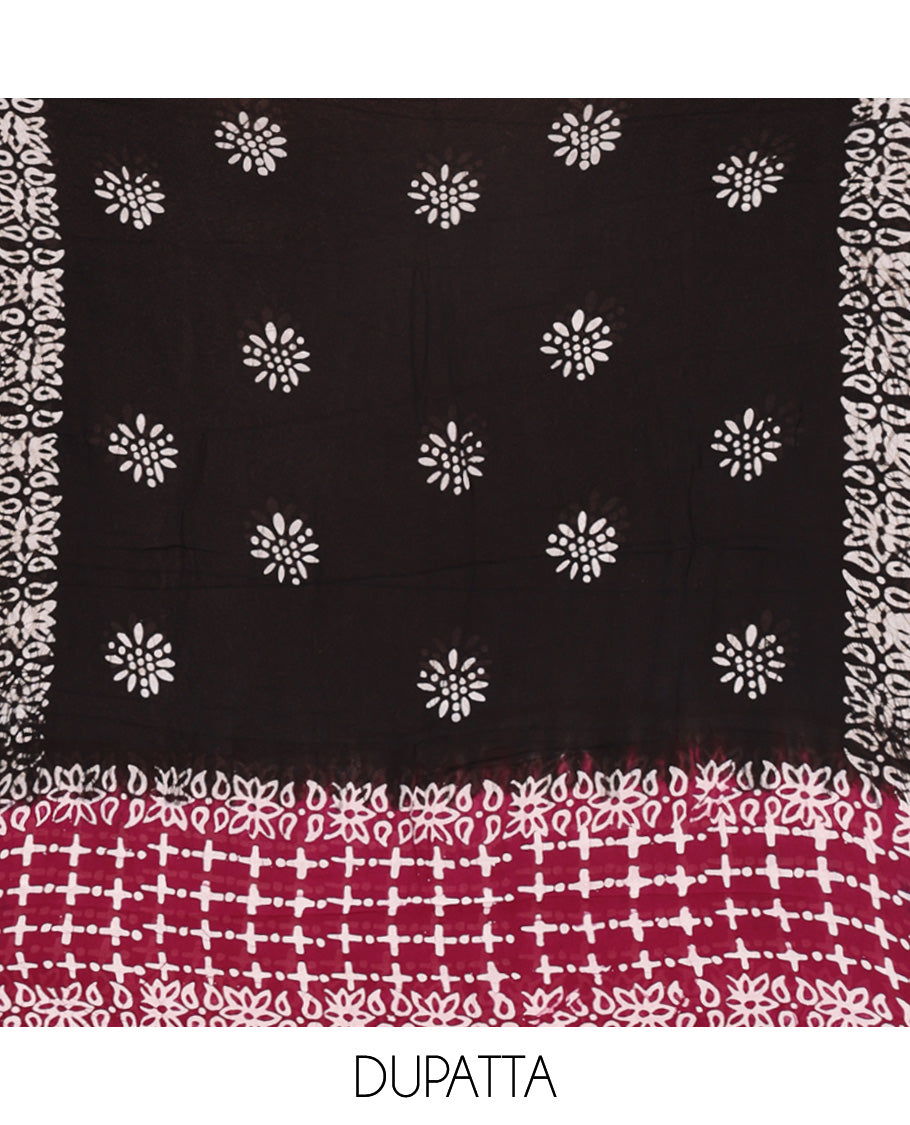 Black and Purple Material Chudidhar Set, Adorned with Batik-Style Printed Viscose Georgette Top, Rayon Batik Printed Bottom, and Viscose Georgette Dupatta of Batik Print