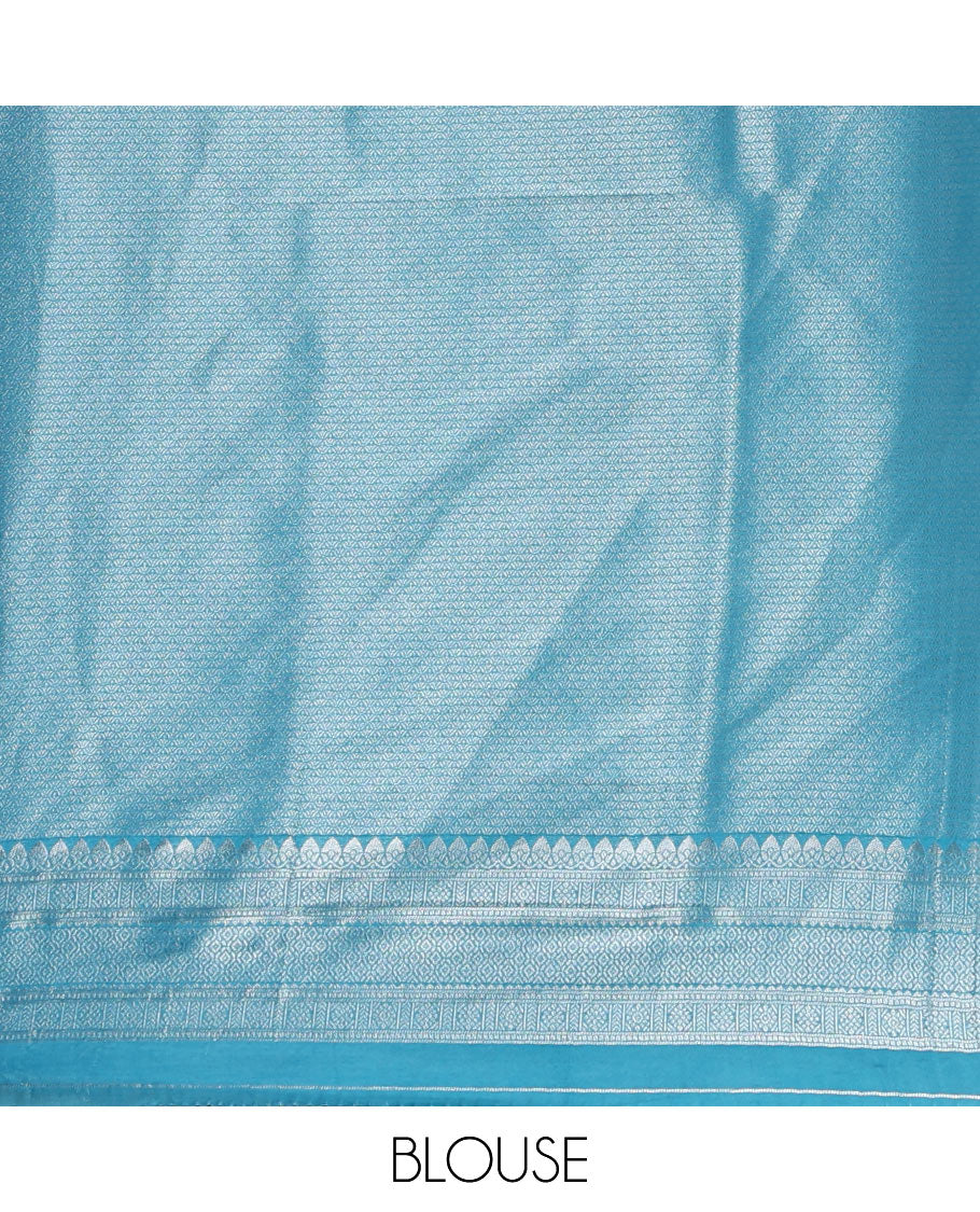 Blue mango-design jamdani zari body softy saree, self-traditional zari border, rich pallu & matching blouse