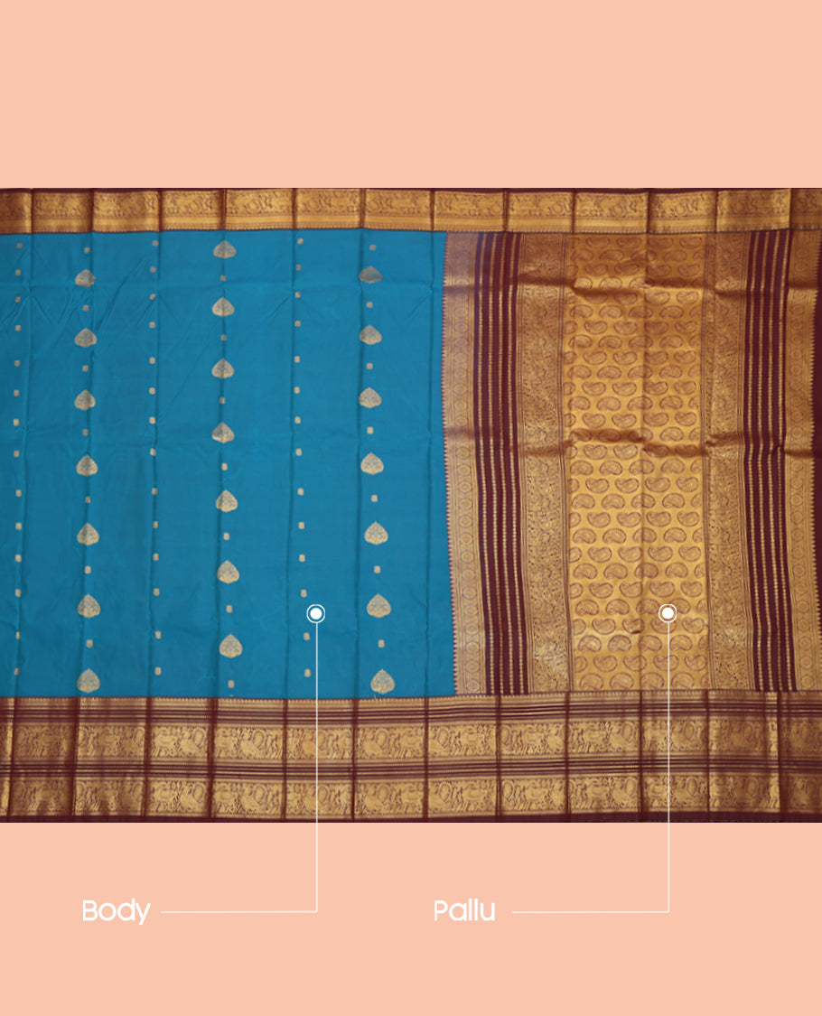 Blue Budget Silk Saree, Spotlighted with Zari Buttas, Complemented by Contrast Traditional Zari Border, a Grand Pallu and a Contrast Blouse