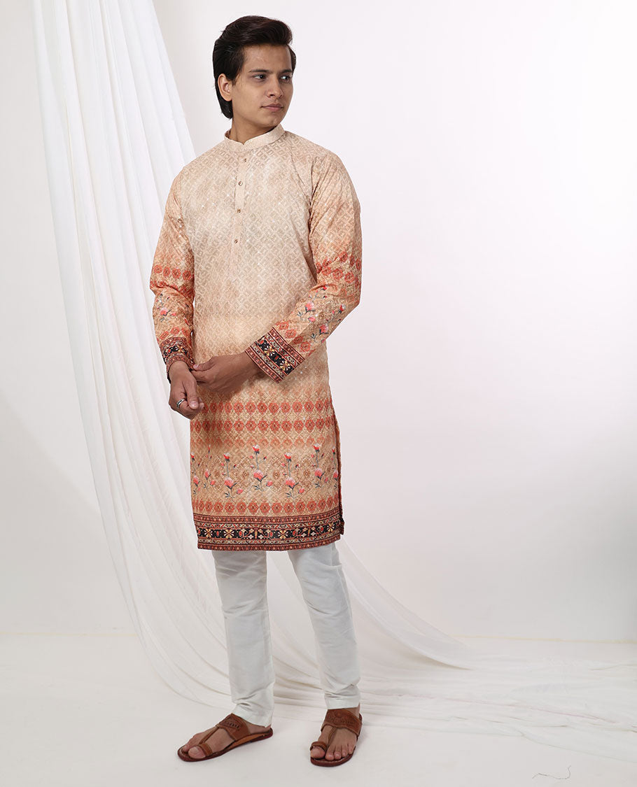 sandal floral jaal embroidered mandarin collar & full-sleeve long raw silk kurta