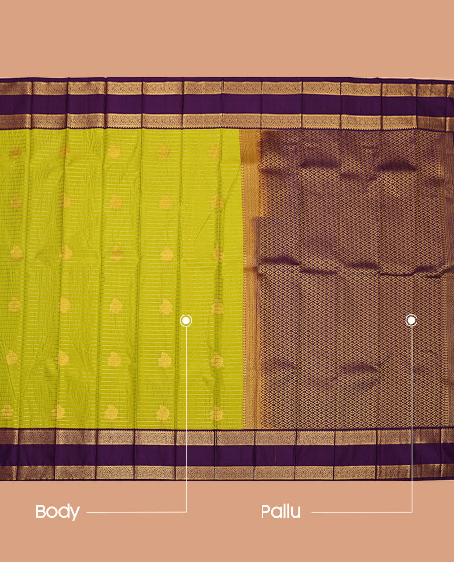 Parrot Green Budget Silk Saree, Accentuated with Zari Buttas and Stripes All Over Its Body, Complemented by a Contrast Traditional Zari Border of Paisley Designs, Pallu of Jaal Designs, and Paired with a Contrast Blouse