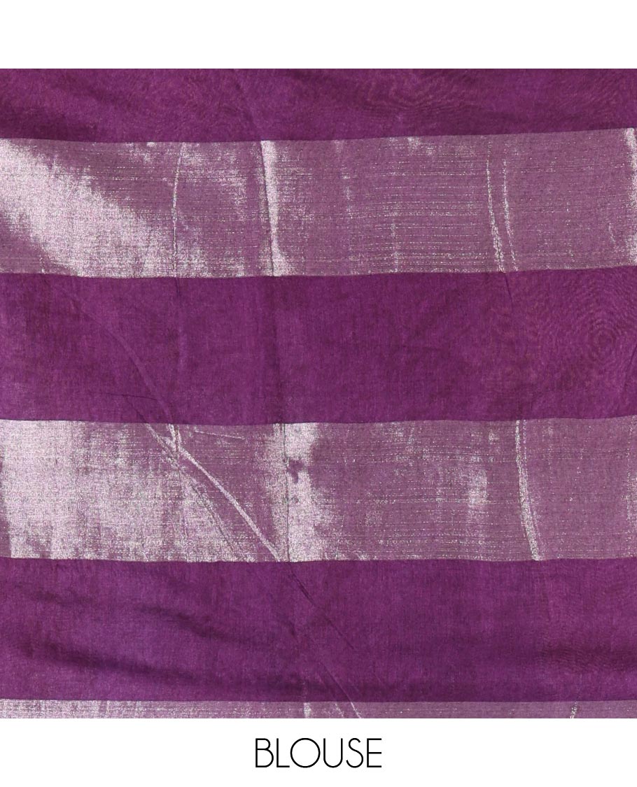 Rama buttas and checked Bhagalpur cotton saree, contrast temple border, striped pallu, and contrast silver zari blouse