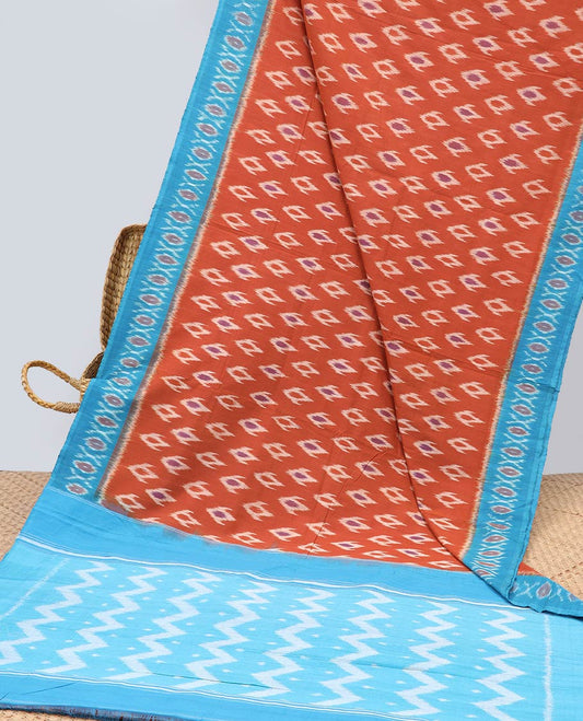 Red floral motifs ikkat cotton saree with contrast border & geometric design pallu