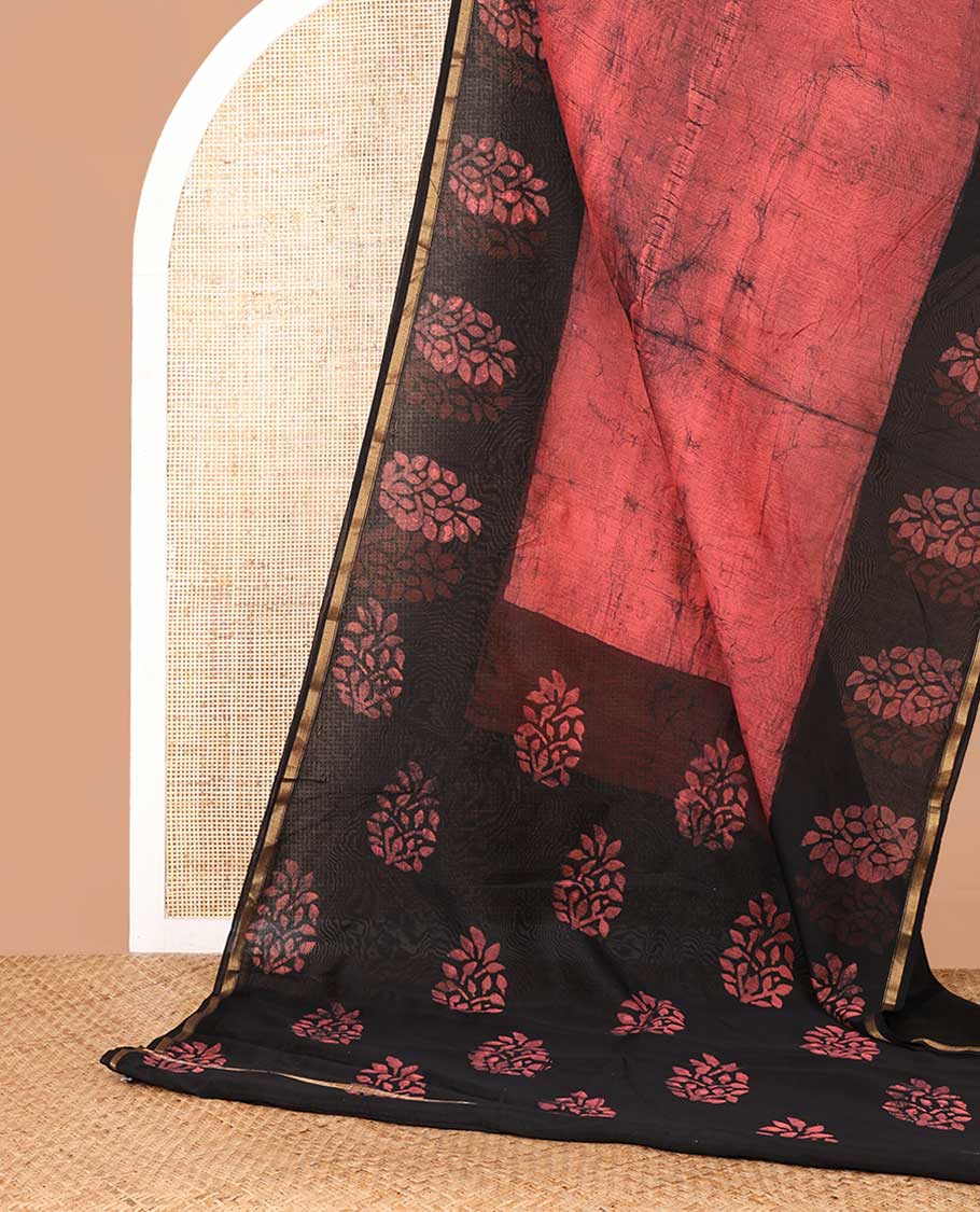 Pink hanblock batik printed chanderi cotton saree with contrast wax block printed border & hand block printed pallu along with plain blouse