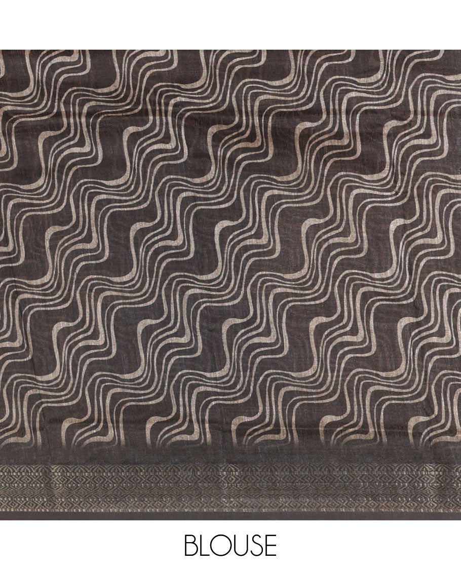 Chikku zig-zag stripes printed semi-jute saree, contrast geometric zari border, Madhubani-style printed pallu, & black blouse of print & zari work